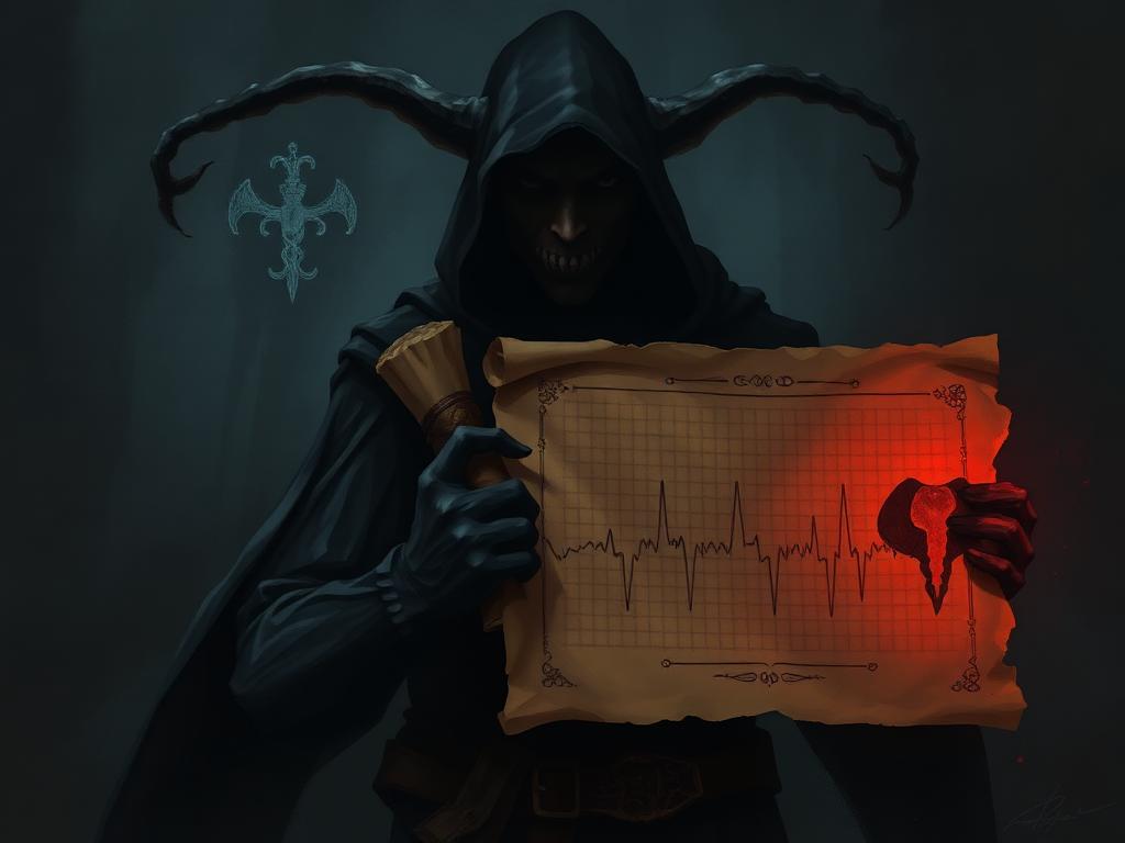 Criatura sombría sosteniendo un pergamino de ECG como metáfora de la trampa diagnóstica