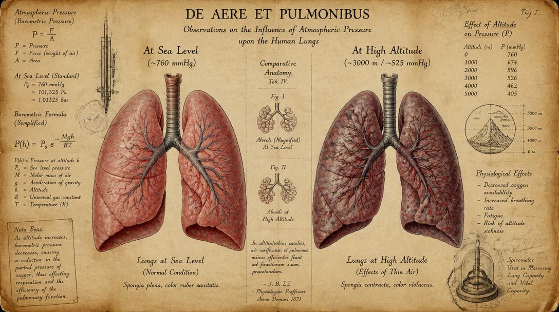 Ilustración antigua de pulmones a nivel del mar y a gran altitud con fórmulas de presión barométrica