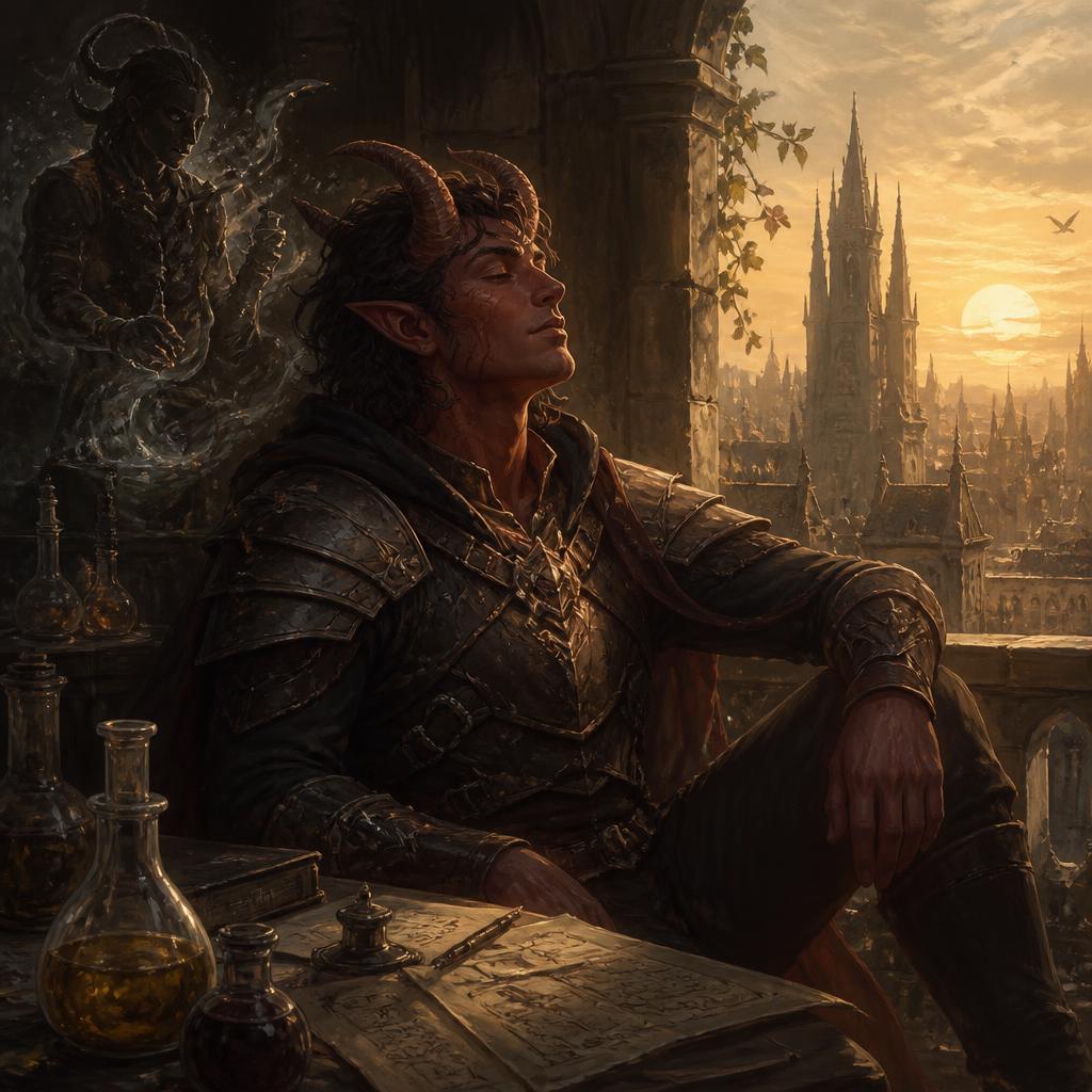 Tiefling en paz al amanecer con la sombra del Alquimista retirándose