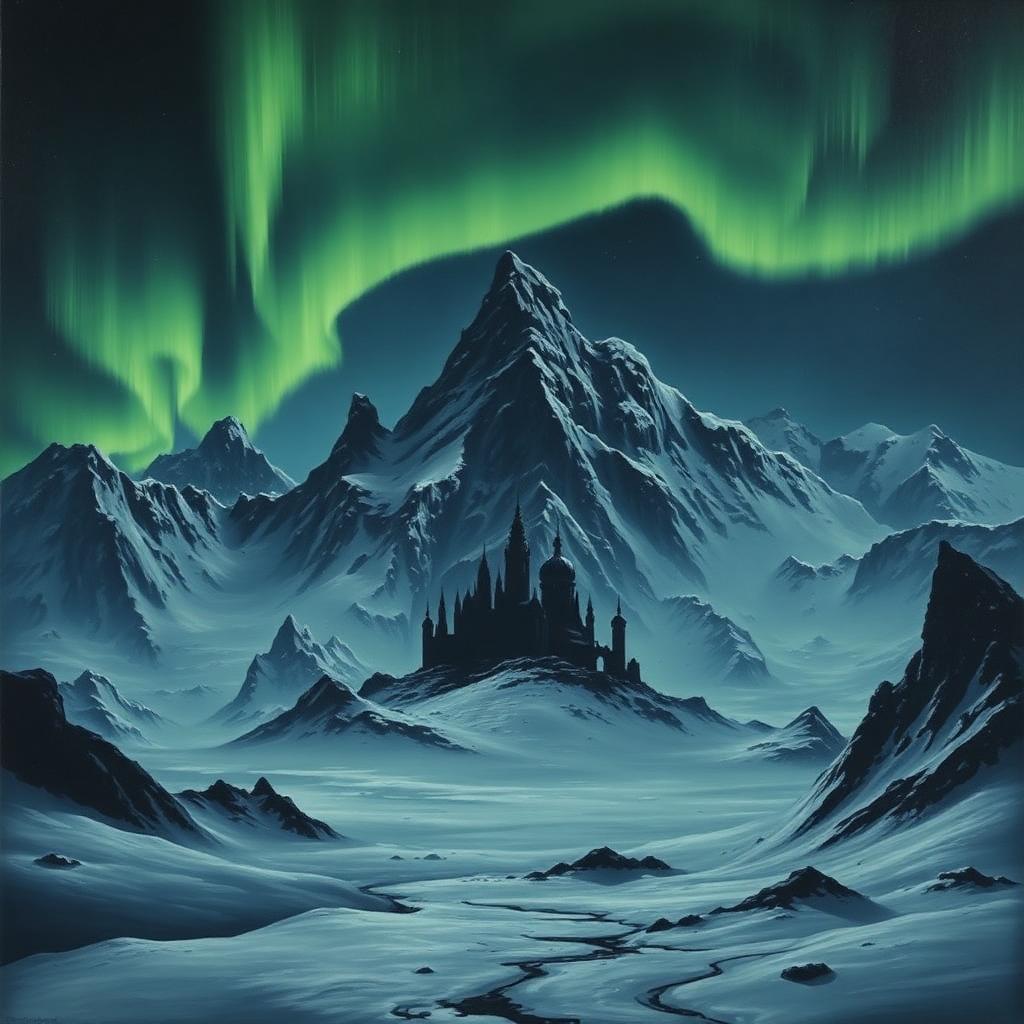 Cordillera nevada bajo aurora con ciudad ciclópea oculta entre las cumbres