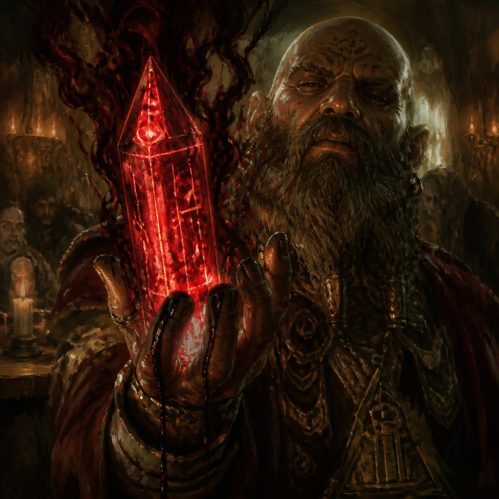 Cristal de medición ardiendo rojo carmesí en la mano de un clérigo enano