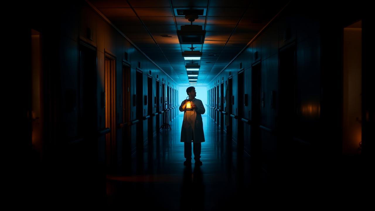 Médico de guardia nocturna con una linterna en un pasillo hospitalario oscuro