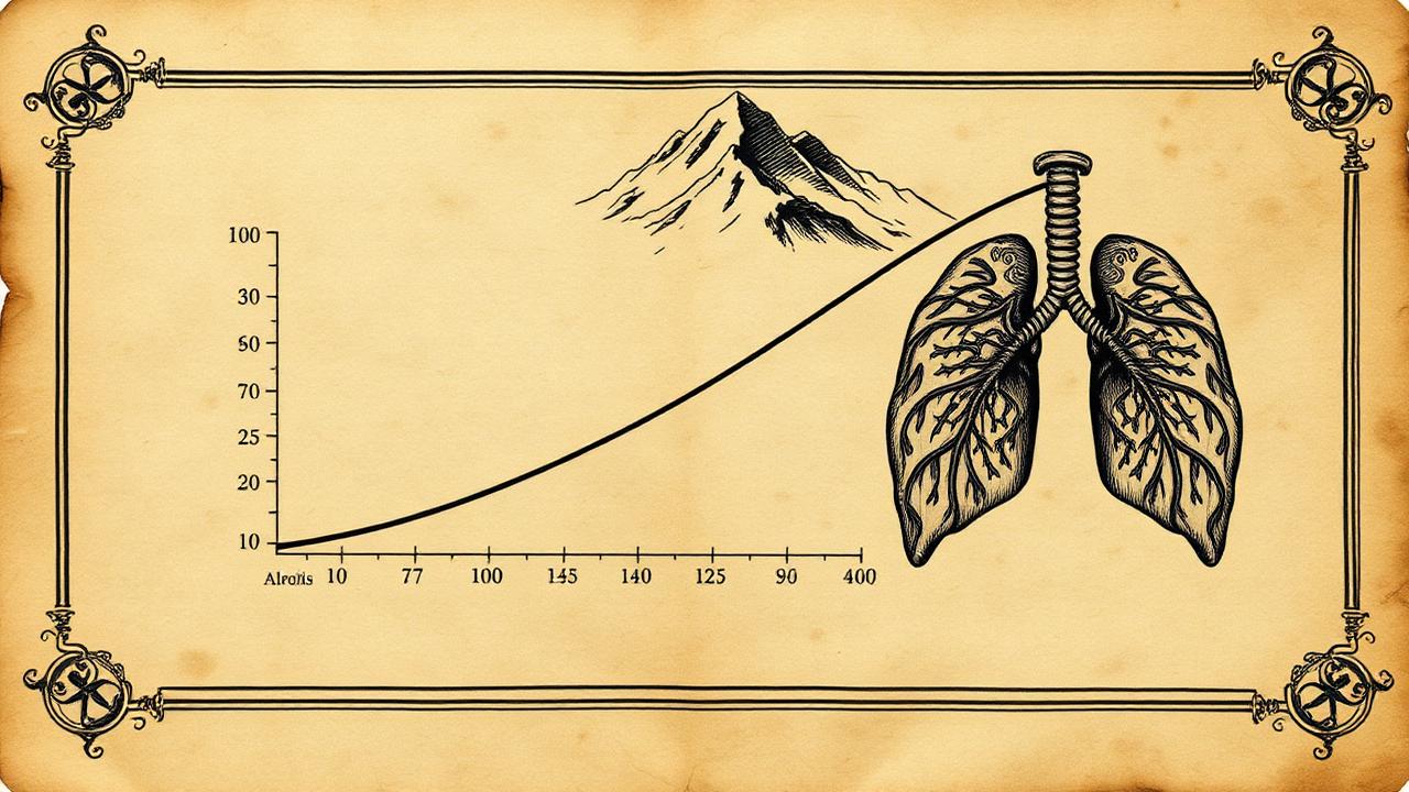 Diagrama antiguo de presión barométrica y altitud con pulmones dibujados a tinta